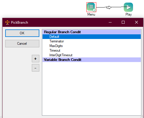 La fenêtre Choisir branche, dans laquelle vous pouvez sélectionner la condition que le script utilise pour la connexion entre deux actions.