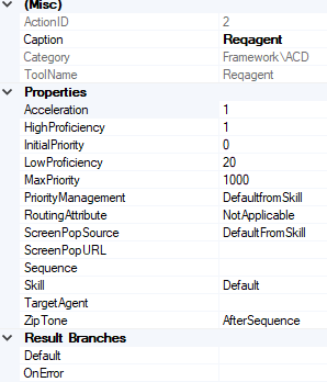 Reqagentアクションのプロパティを表示するプロパティタブ。Skillプロパティを選択すると、Skillフィールドの右端に下矢印のアイコンが利用可能になります。