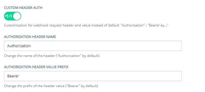 사용자 정의 OAuth 헤더를 구성하는 사용자 정의 교환 엔드포인트 구성 페이지의 사용자 정의 헤더 인증 섹션.