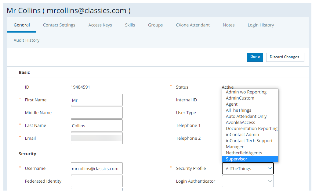 Screenshot of the user profile edit form with the security profile drop-down open