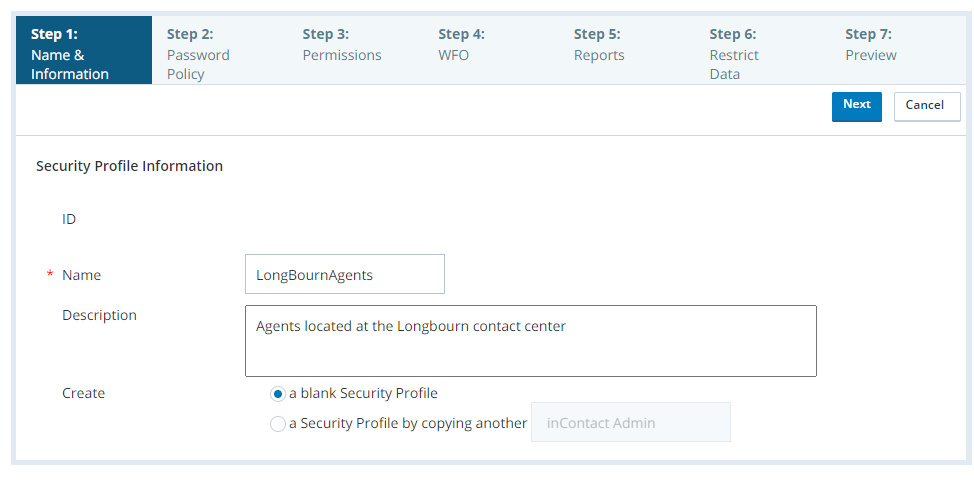 Screenshot of the security profile creation Name & Information page, configured for a blank security profile