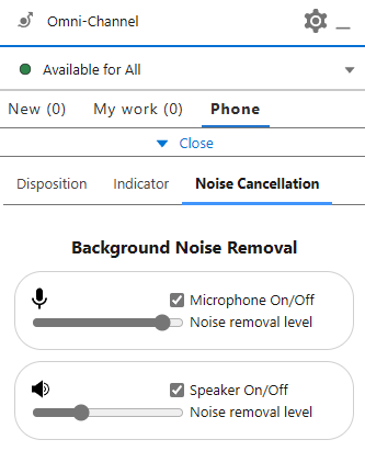 Salesforce의 옴니채널 위젯의 전화 탭 아래에 처리, 표시기, Noise Cancellation의 세 개 탭이 나타납니다.