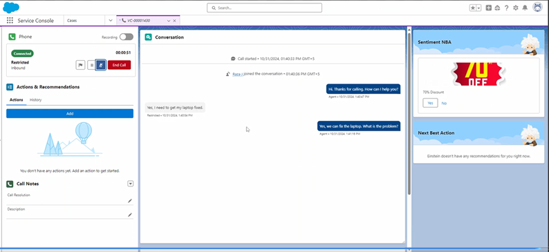 Salesforce에서 연락처 대화가 열려 있습니다. 오른쪽의 Sentiment Next Best Action 창에 70% 할인이 표시됩니다.