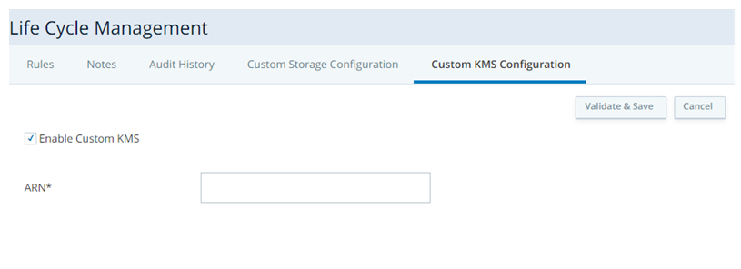 사용자 정의 KMS를 활성화할 수 있는 수명 주기 관리 내에 위치한 사용자 정의 KMS 구성 탭.