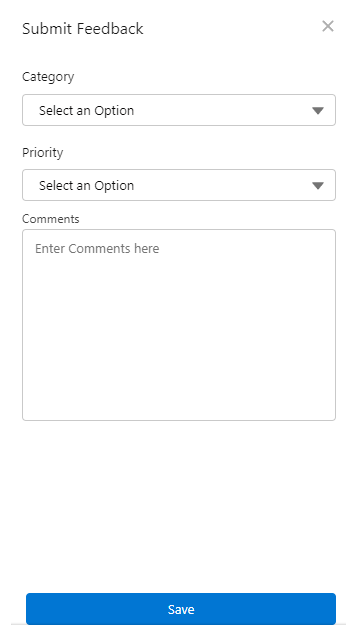 카테고리 및 우선순위에 대한 드롭다운과 설명 텍스트 상자가 있는 Salesforce Agent의 피드백 제출 창.