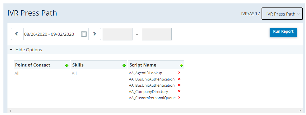 날짜 범위 선택기, 컨택 포인트, 스킬, 스크립트 이름 선택 옵션, 보고서 실행 버튼을 보여주는 IVR 선택 경로 보고서 스크린샷.