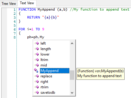 IntelliPrompt 도움말을 보여주는 스니펫 편집기 창 안의 텍스트 보기 탭의 예시입니다.