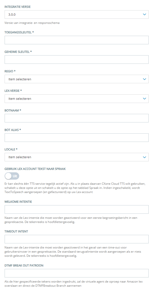 De configuratiepagina voor het toevoegen van een Amazon Lex V1-bot aan CXone Virtual Agent Hub