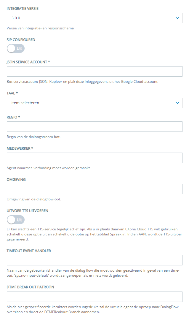 De configuratiepagina voor het toevoegen van een Google Dialogflow CX virtuele agent aan CXone Virtual Agent Hub.