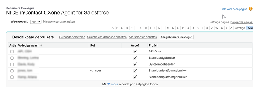 Lijst met gebruikers in Licenties beheren voor NICE inContact CXone Salesforce Agent.