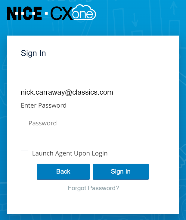 Tweede inlogscherm van CXone, waar gebruikers hun wachtwoord invoeren