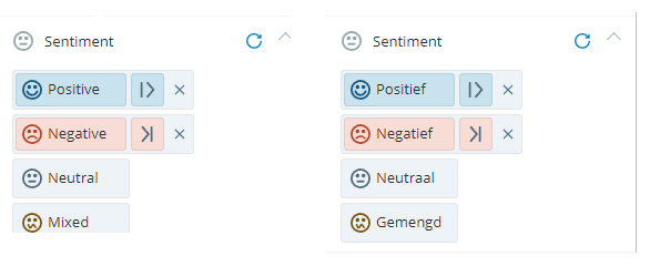 Afbeelding van het sentimentfilter met beschrijvingen van geselecteerde opties