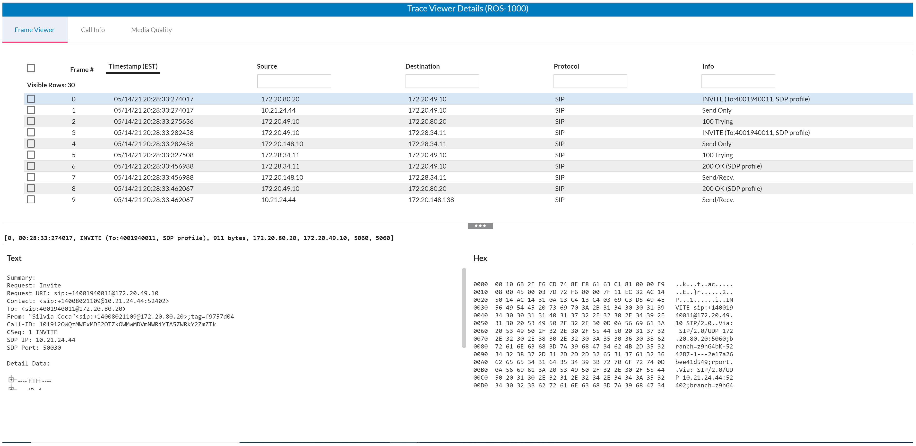 Schermafbeelding van het tabblad Frame Viewer in CXone Voice Diagnostics