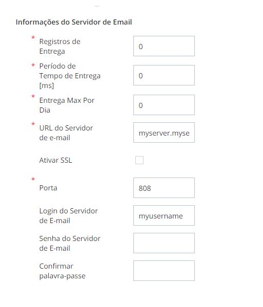 Captura de tela da seção Configurações do servidor de e-mail da guia de detalhes da unidade de negócios