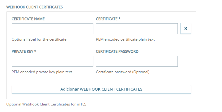 A seção Webhook Client Certificates da página de configuração do Custom Exchange Endpoints, onde você configura certificados de cliente mTLS.