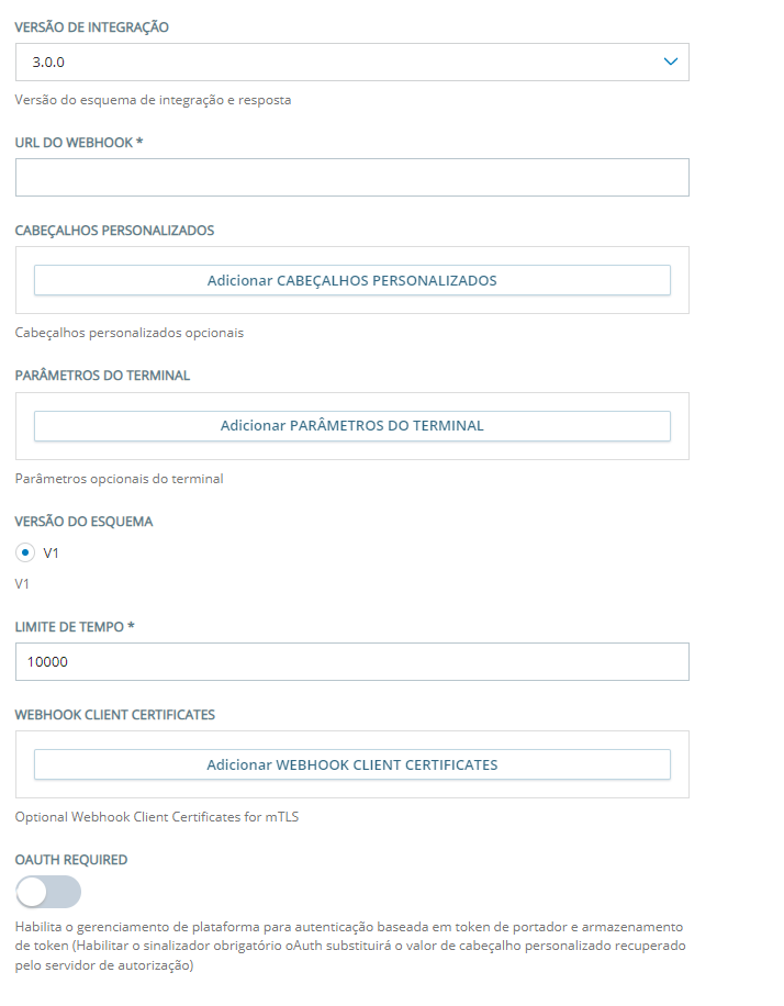 A página de configurações para adicionar um bot personalizado usando terminais de troca personalizados com versão de integração 2.0.0.