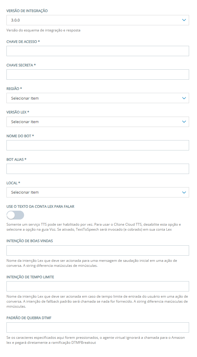 A página Configuração para adicionar um bot Amazon Lex V1 a Hub de Agente Virtual CXone
