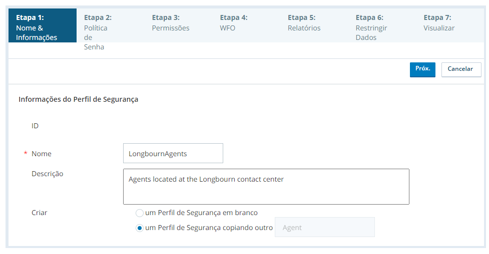 Captura de tela da página Nome e informações de criação do perfil de segurança, configurada para uma cópia de um perfil de segurança do sistema