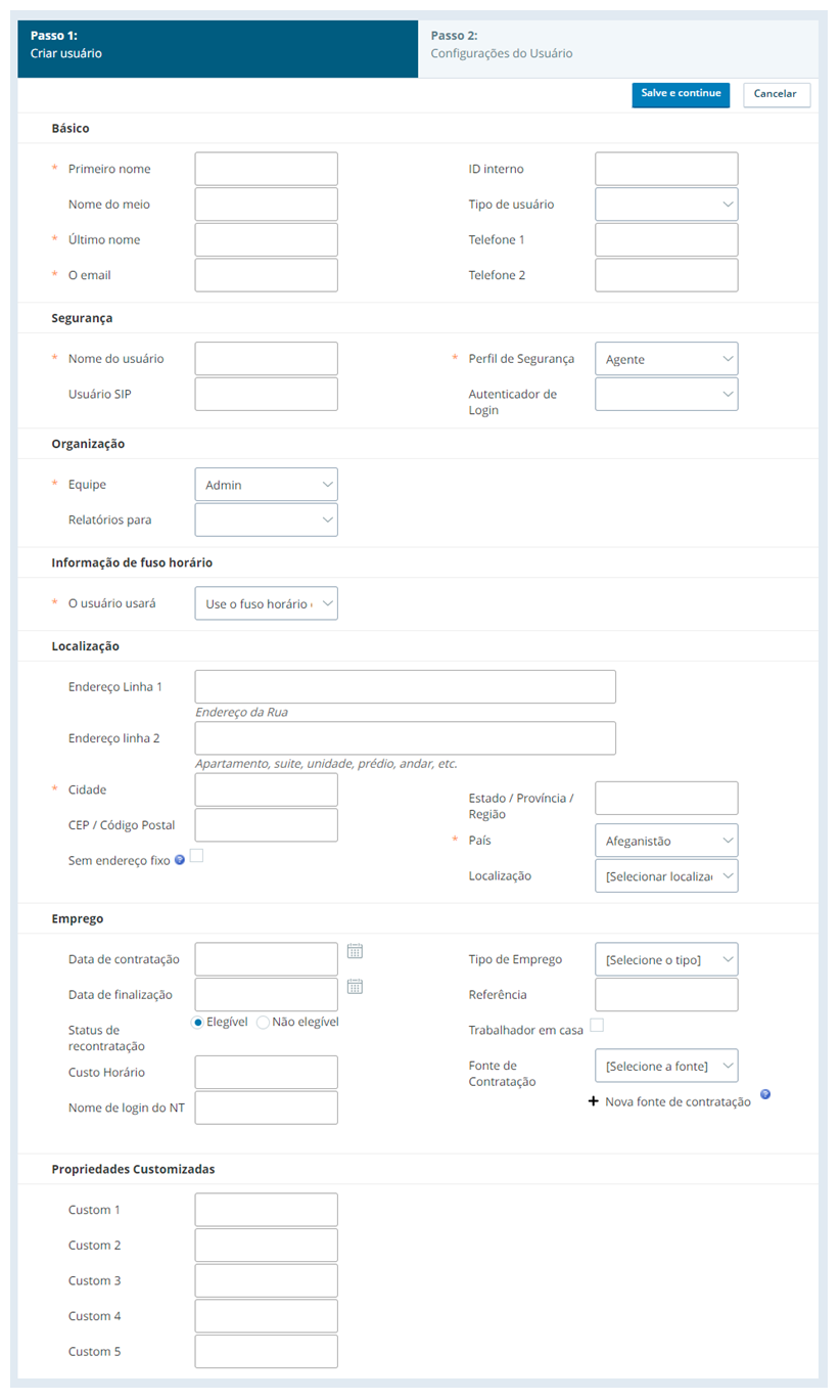 Captura de tela do formulário de criação de usuário da central