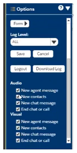 A janela Opções no Salesforce Agent, mostrando as configurações de Áudio e visual.