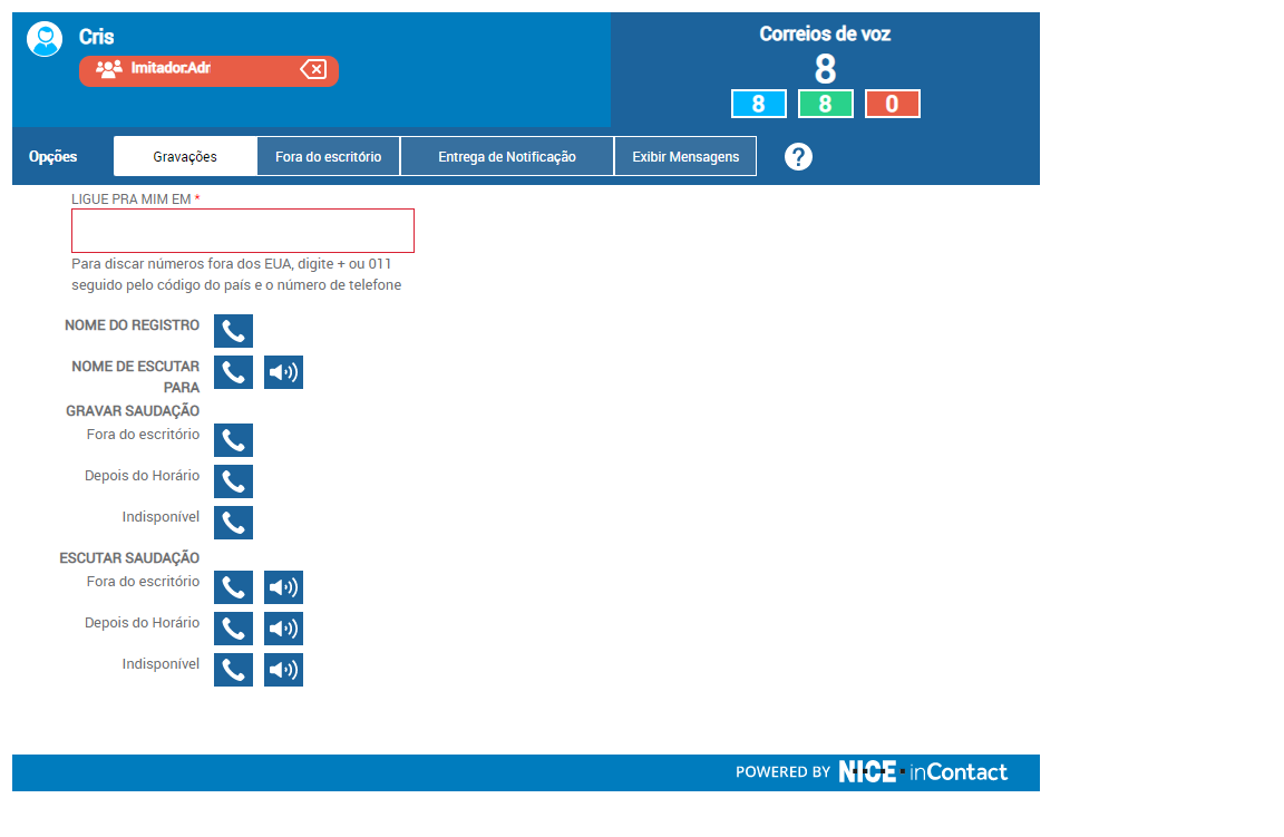 O portal da web CXone Attendant mostra que um administrador está se passando por um usuário conectado.