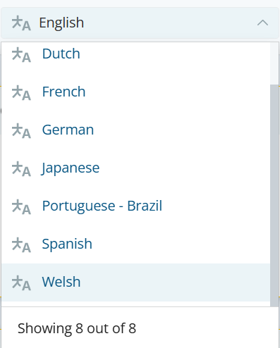 Lista suspensa para seleção de idioma, incluindo inglês, holandês, francês, alemão, japonês, português, espanhol e galês, em destaque na parte inferior.