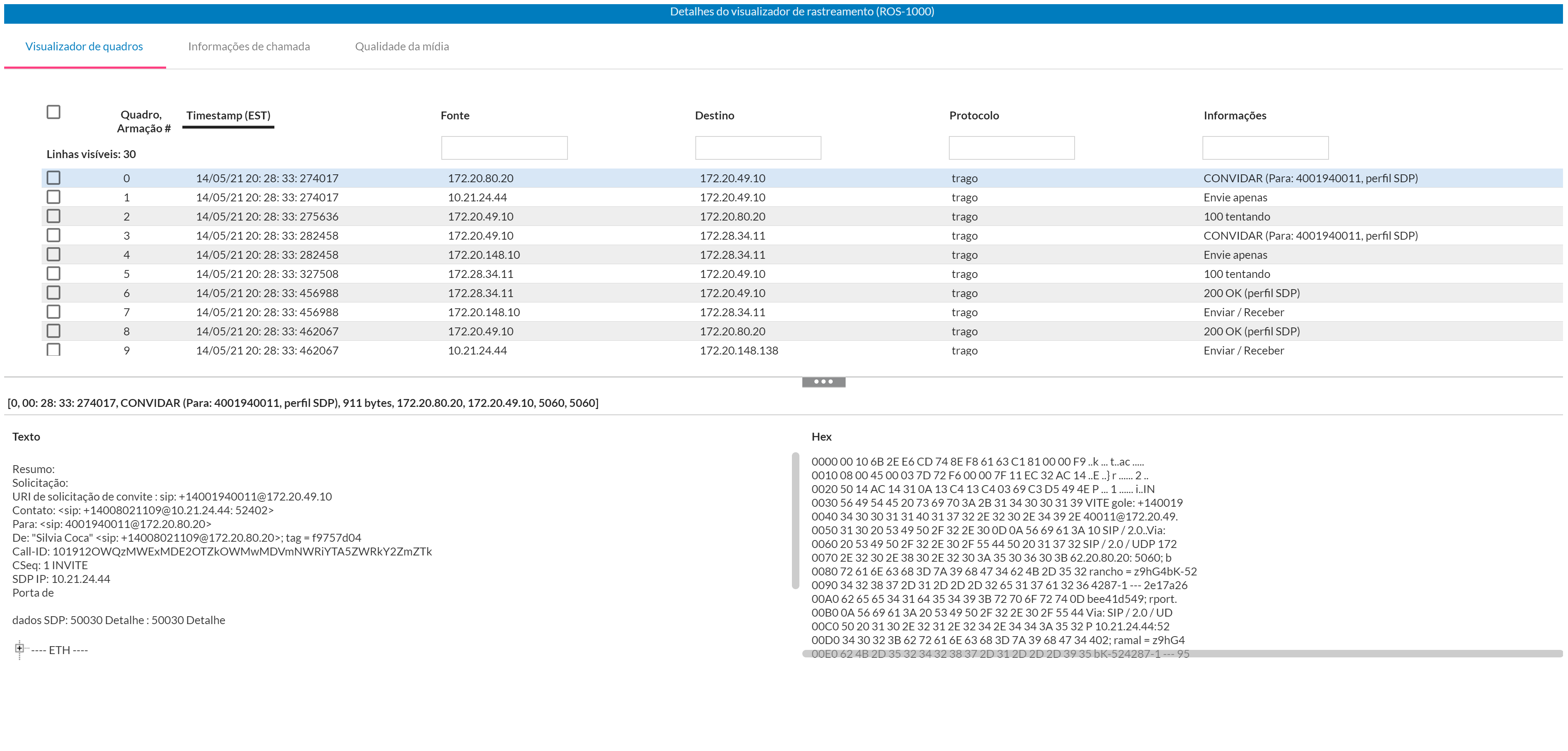 Captura de tela da guia Visualizador de quadros no CXone Voice Diagnostics