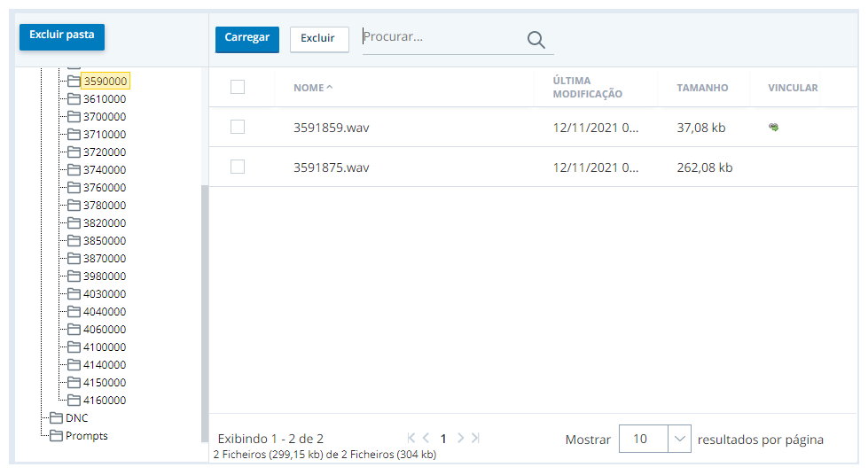 A página Procurar arquivos ACD, mostrando uma pasta call log com dois arquivos WAV de gravação de chamadas.