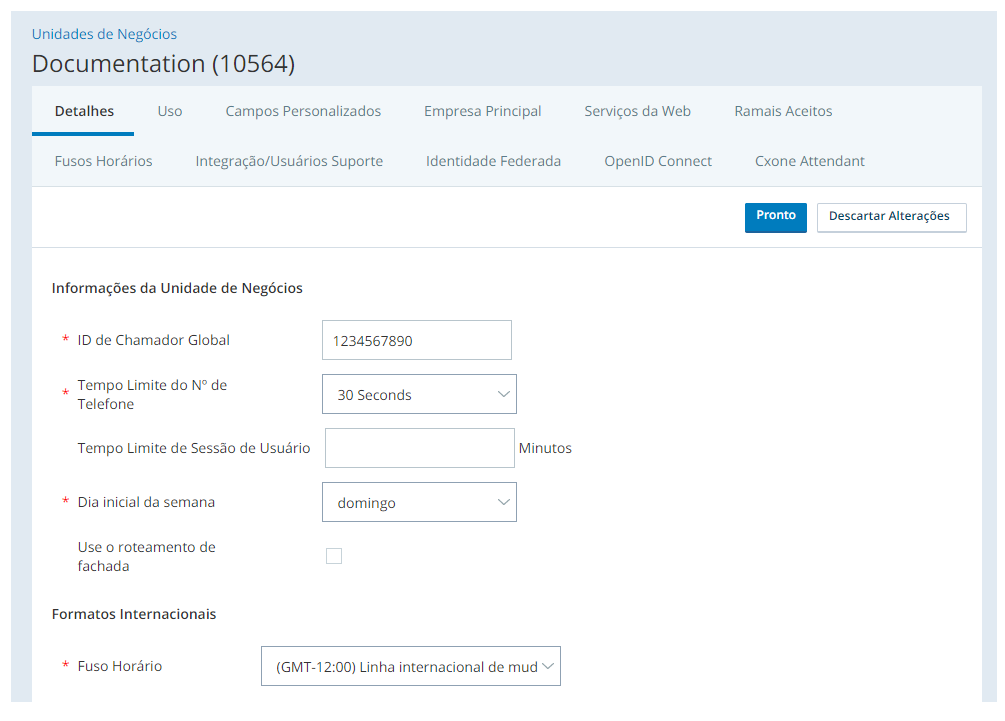 Captura de tela das seções Informações da unidade de negócios e Formatos internacionais da guia Detalhes da unidade de negócios