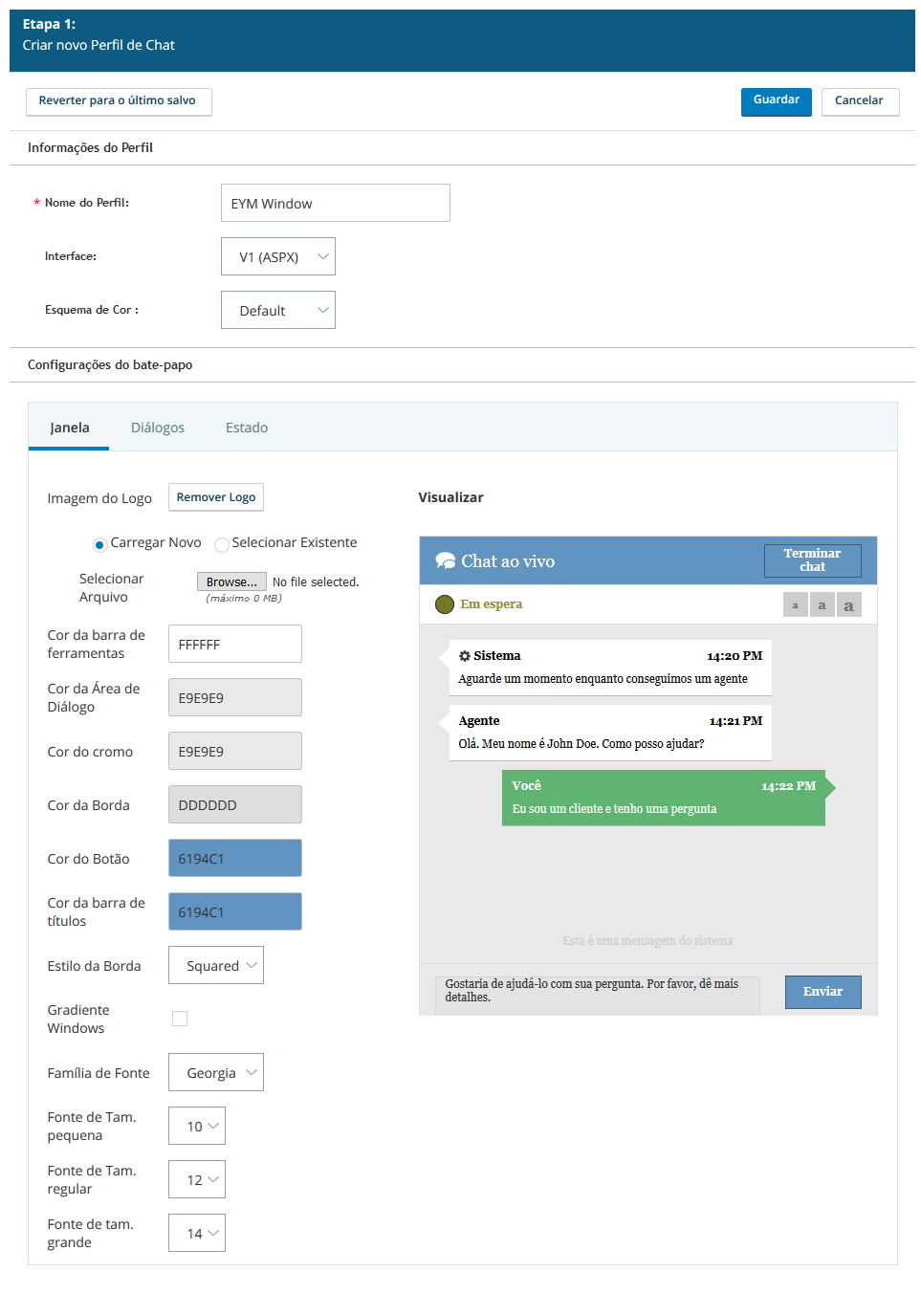 Configurações da janela V1