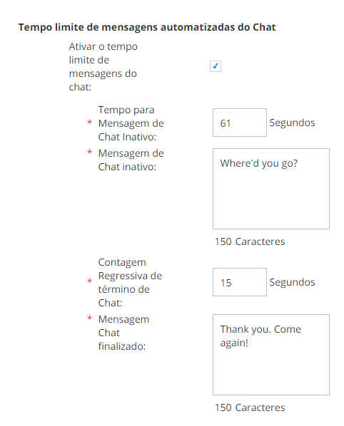 configurações de tempo limite de mensagens de chat