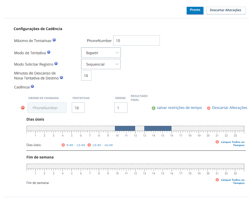 Captura de tela de uma Competência de PC Configurações de cadência, incluindo restrições para dias úteis