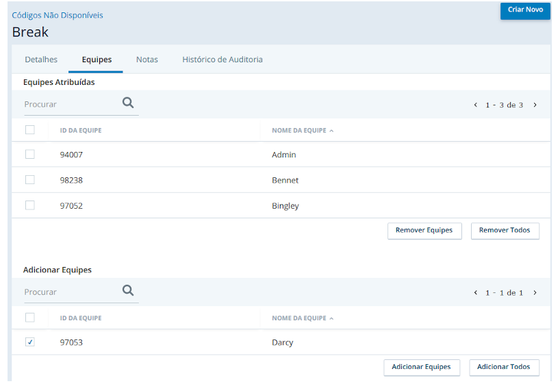 Imagem da guia Equipes das configurações de um código indisponível.