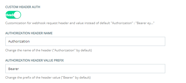 A seção Custom Heather Auth da página de configuração do Custom Exchange Endpoints, onde você configura cabeçalhos OAuth personalizados.