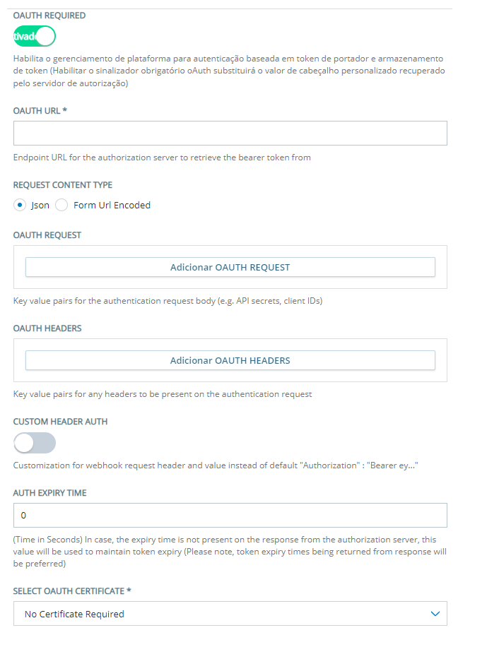 A seção OAuth Required da página de configuração do Custom Exchange Endpoints, onde você configura a autenticação dinâmica com o OAuth.