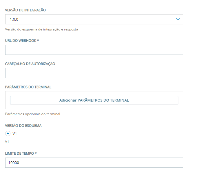 A página de configurações da versão de integração 1.0.0 do Hub de Agente Virtual.