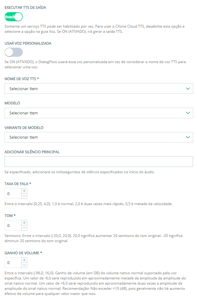 As propriedades que aparecem quando você ativa a opção Executar TTS de saída para um agente virtual do Google Dialogflow CX.