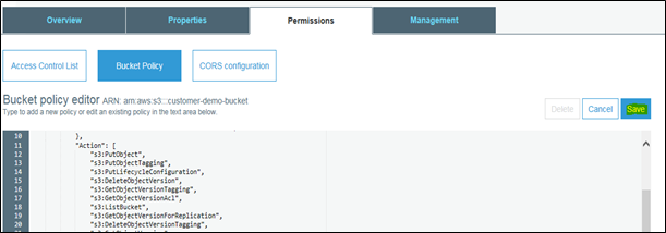 Captura de tela do Editor de políticas de bucket no console AWS.