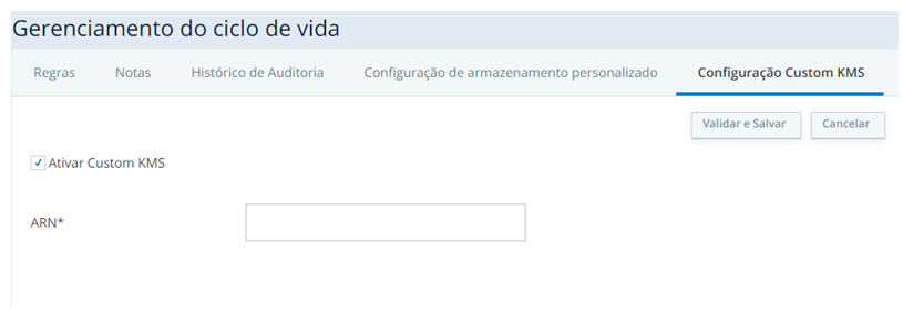 A guia Custom KMS Configuration no Life Cycle Management, onde você pode habilitar o Custom KMS.