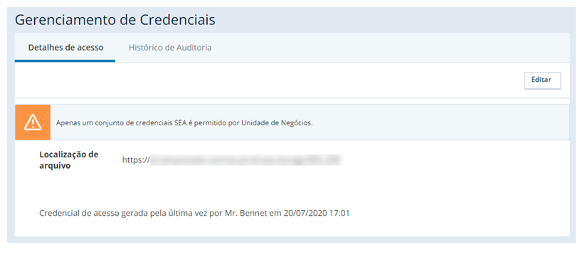 Captura de tela da página Credential Management, onde as credenciais do SEA são definidas.