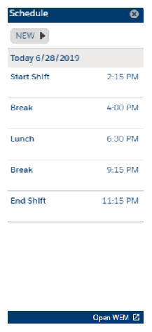 A Agenda no Salesforce Agent clássico, mostrando o início e o término do turno de hoje, os intervalos e o almoço.