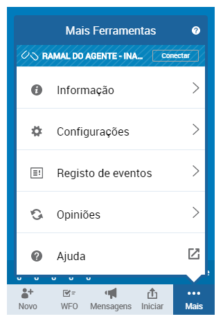 Imagem das opções de nível superior no pop-up da página Configurações no MAX.