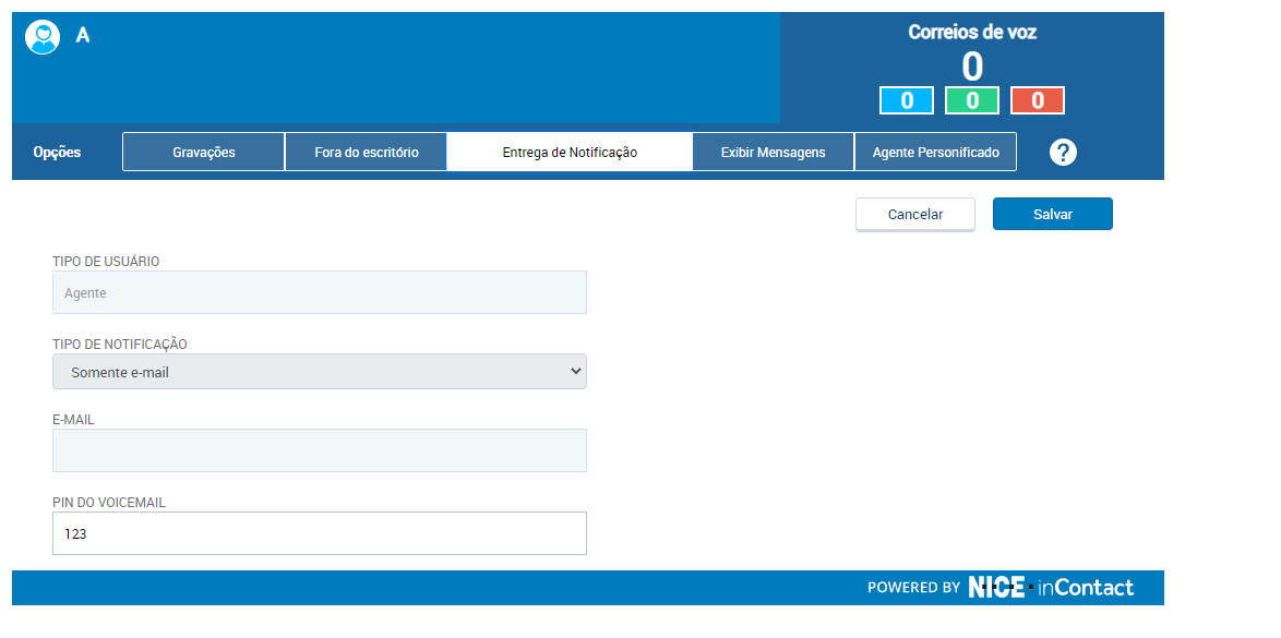 A guia 'Entrega de notificação', onde você pode selecionar como deseja Attendant para que você saiba que tem novas mensagens de correio de voz.