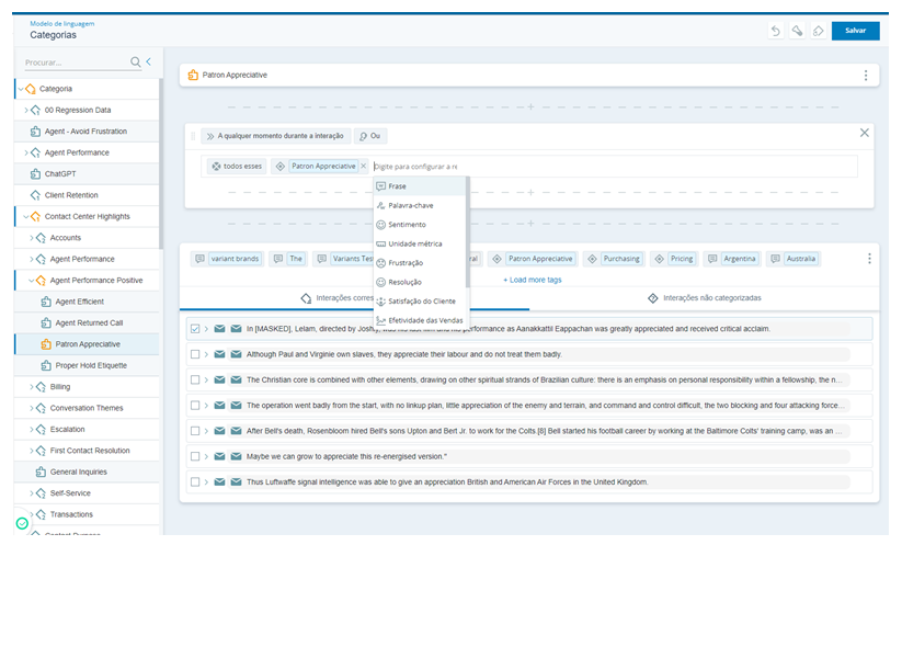 Página de categorias de Modelo de linguagem. Categoria Patrono Apreciativo selecionada. Exibe os resultados das interações correspondentes e os detalhes da regra de categoria. Mostra os botões árvore de categorias, desfazer, reamostrar, recategorizar e salvar.
