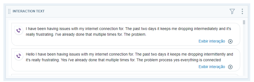 Widget de texto de interações mostrando as primeiras frases de 2 transcrições de interação.