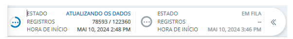 Painel que exibe o status, os números de registro e a hora de início de um reprocesso atual
