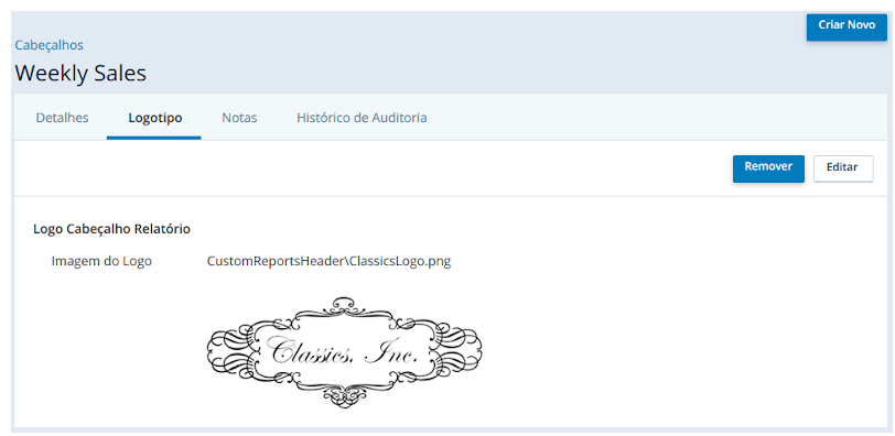 A página Cabeçalho do relatório personalizado, mostrando a guia Logotipo, onde você pode alterar o logotipo que aparece nos cabeçalhos personalizados.