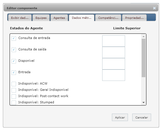 Janela de configurações do widget Lista de agentes.