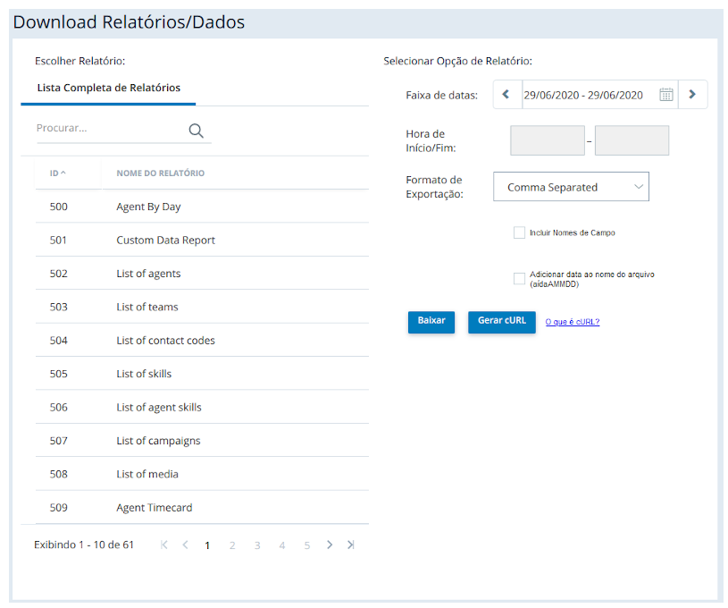 A página Relatórios/Download de dados, onde você pode escolher o relatório que deseja executar e selecionar opções como o formato e o intervalo de datas.