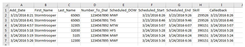 Um exemplo da saída do relatório de download de dados Todos os retornos de chamada.